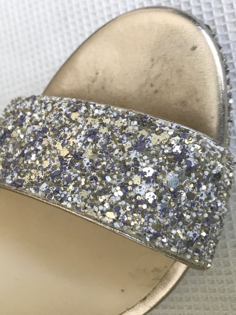JIMMY CHOO Misty Metallic Glitter Sandal in Champagne, size 38 (US 8), Imperfect - Picture 6 of 16